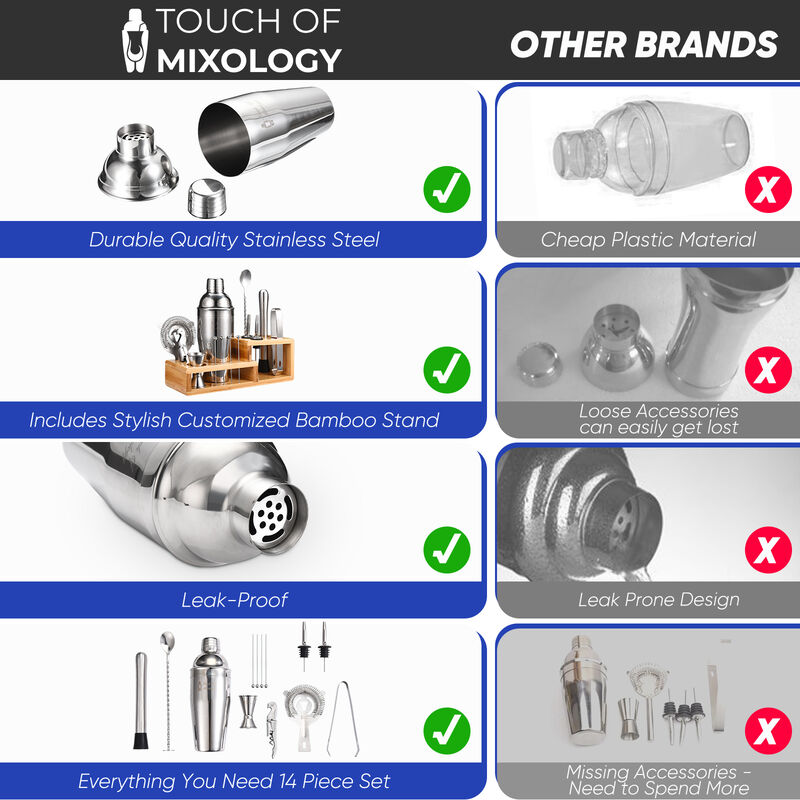 Touch of Mixology Bartender Kit - Bar Set Cocktail Shaker Set - Cocktail Kit Set - Bartending Kit - Bar Essentials for Home Bar Cart Accessories - Perfect Housewarming Gift - New Home Essentials 14 PC