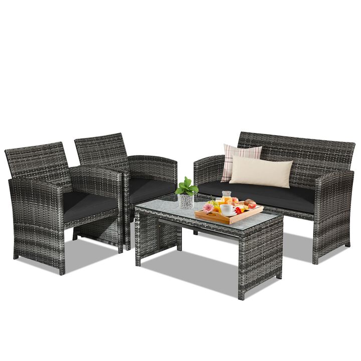 4 Pcs Patio Rattan Furniture Set Top Sofa With Glass Table