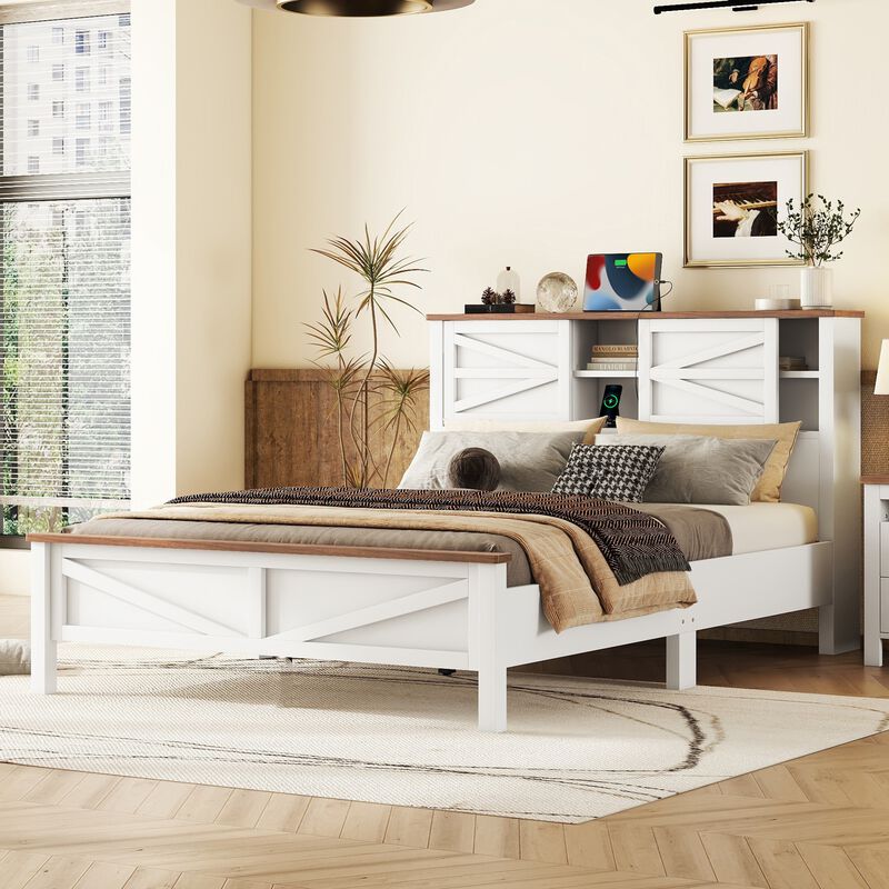 Merax Farmhouse Platform Bed with Charging Station