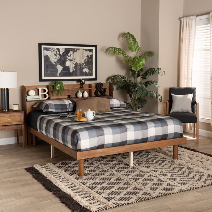 Baxton Studio Harper Mid-Century Modern Transitional Walnut Brown Finished Wood Full Size Platform Bed with Charging Station