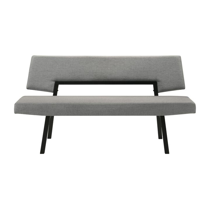 Yumi 63 Inch Dining Bench, Seat and Back with Charcoal Gray Fabric, Black - Benzara