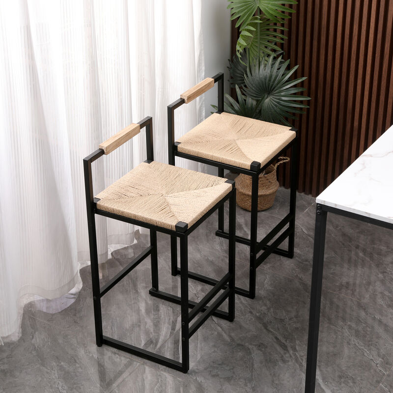 Set of 2 Bar Stools with Back Paper Rope Woven Counter Height Dining Chairs for Kitchen, Home (Paper Rope with Back)