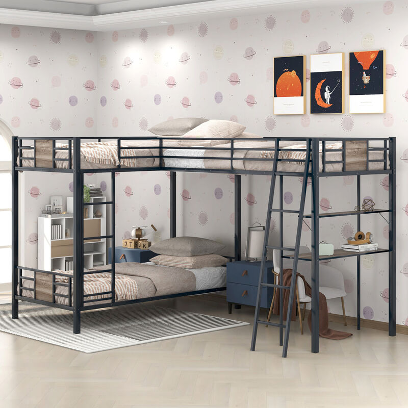 L-Shaped Twin Over Twin Bunk Bed With Twin Size Loft Bed With Desk And Shelf, Brown