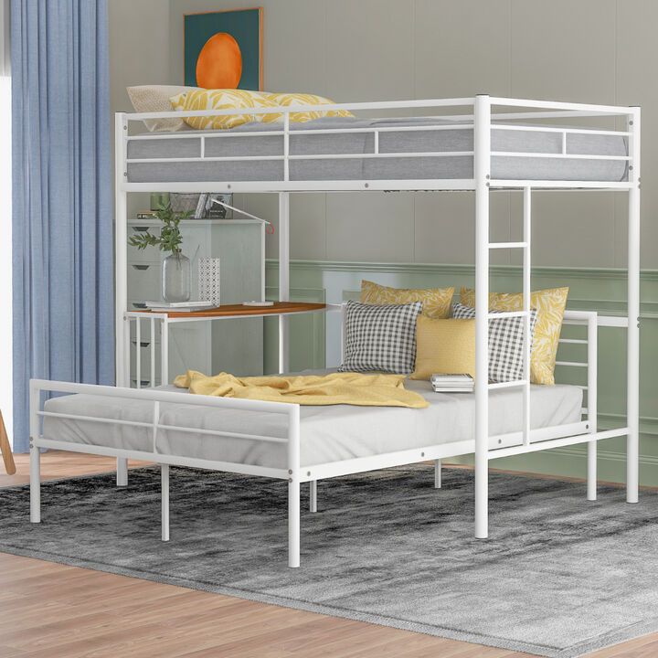 Twin Over Full Metal Bunk Bed With Desk, Ladder And Quality Slats For Bedroom, Metallic Silver