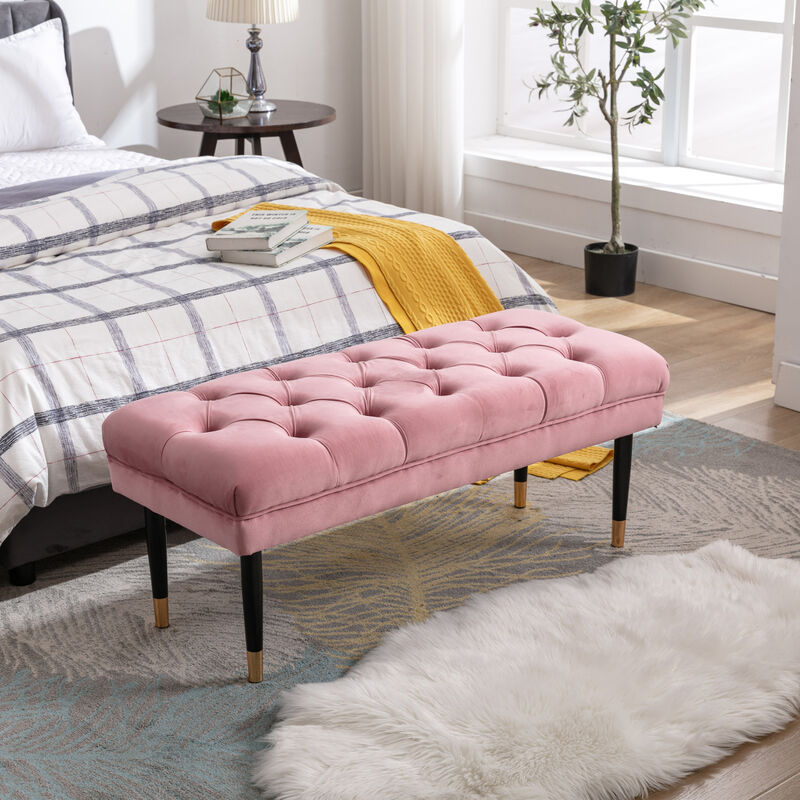 Tufted Bench Modern Velvet Button Upholstered Ottoman benches Bedroom Rectangle Fabric Footstool with Metal Legs for Living Room Entryway, Pink