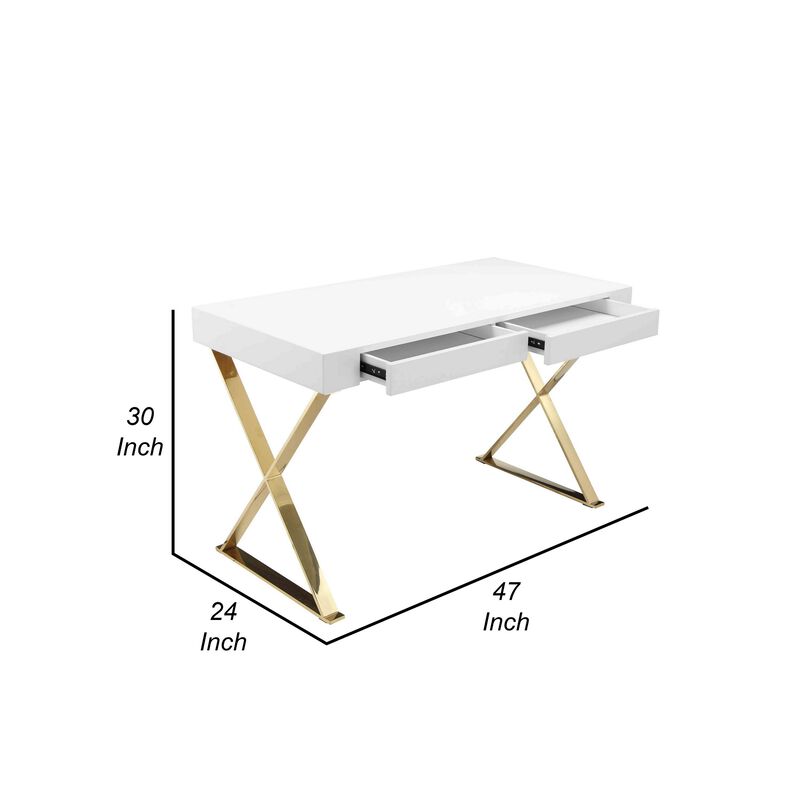 Rix 47 Inch Office Desk, 2 Drawers, Gold Metal Base, Rectangular, White - Benzara