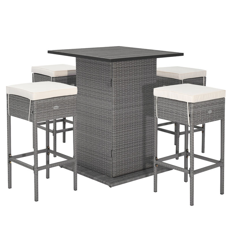 5 Pieces Outdoor Wicker Bar Table Set with Hidden Storage Shelves-White