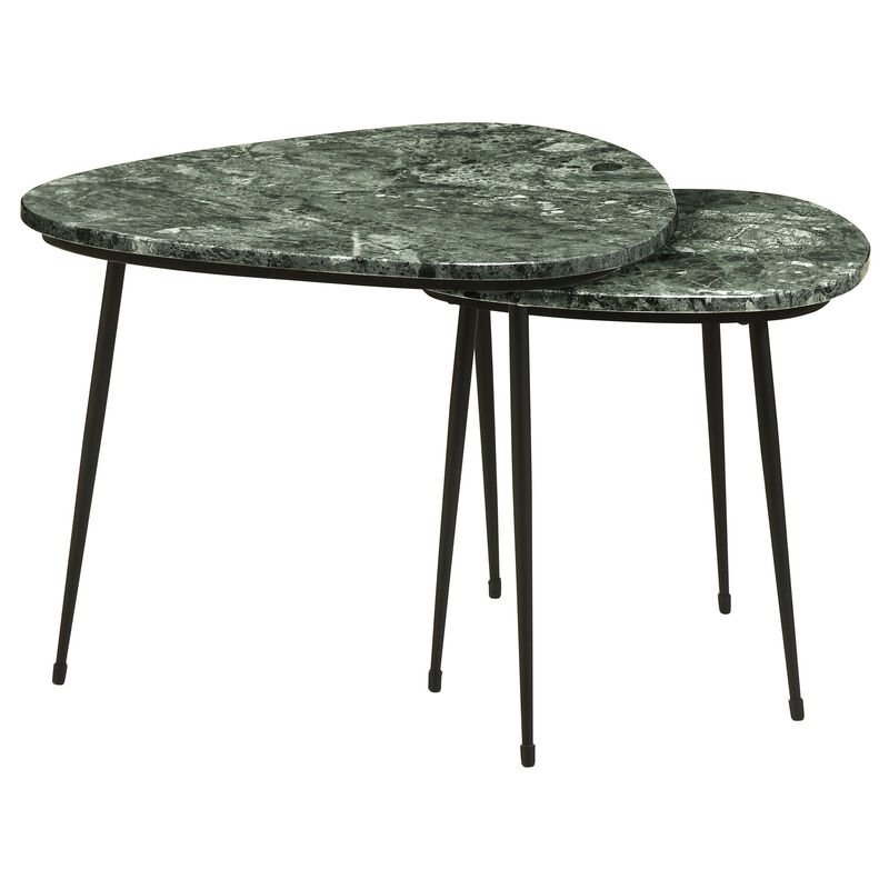 2 Piece Nesting Accent Table Set, Triangular Marble Top, Green, Black - Benzara