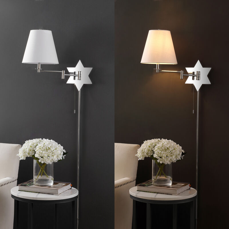 David Modern French Country Swing Arm Plug-In or Hardwired Iron LED Star Wall Sconce with Pull-Chain and USB Charging Port