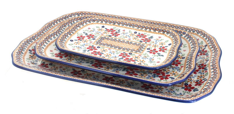 Blue Rose Polish Pottery Blue Violet 3 Piece Rectangular Serving Tray Set