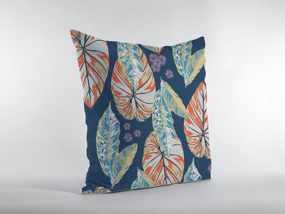 Homezia 18"Orange Blue Tropical Leaf Zippered Suede Throw Pillow