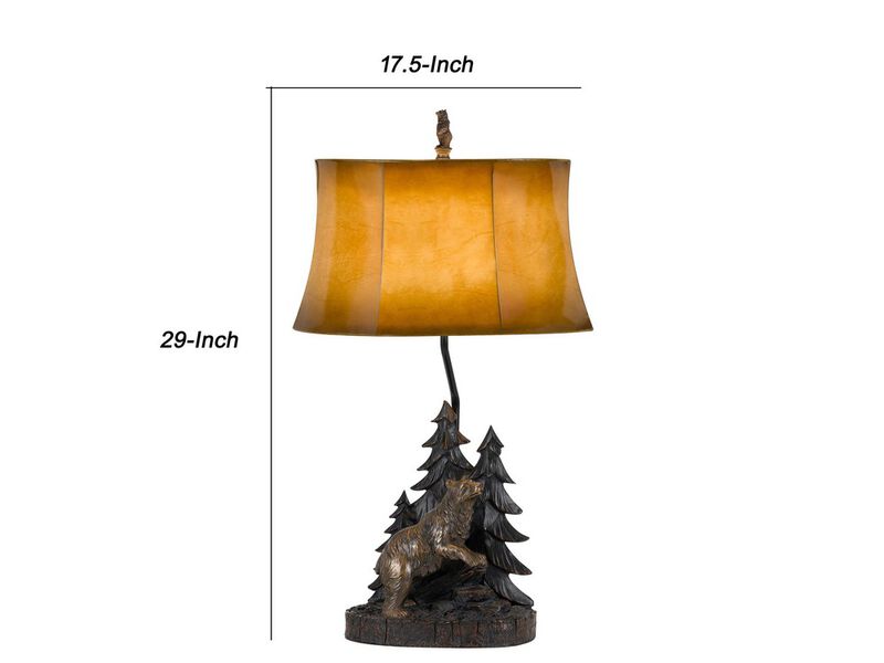 3 Way Resin Body Table Lamp with Forest and Bear Design, Brown and Black-Benzara