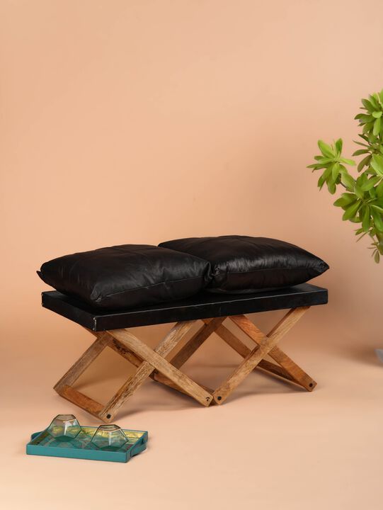 Handmade Eco-Friendly Solid Wood & Leather Black Rectangle Stool 40"x20"x18" From BBH Homes