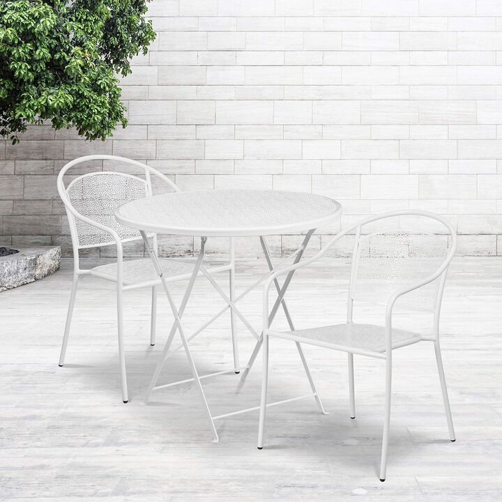 Flash Furniture Commercial Grade 30" Round White Indoor-Outdoor Steel Folding Patio Table Set with 2 Round Back Chairs