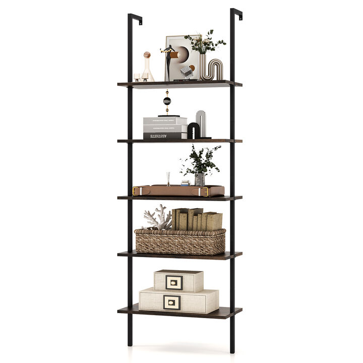 5 Tier Ladder Shelf Wall-Mounted Bookcase with Steel Frame
