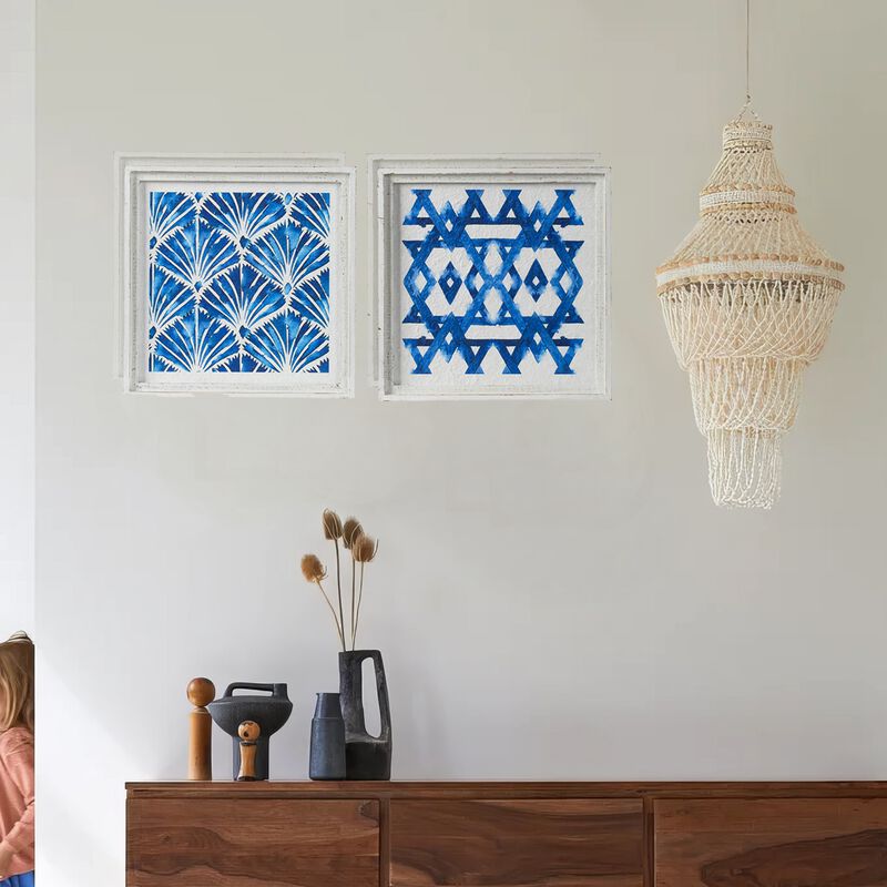 17 x 17 Set of 2 Framed Wall Art, Geometric Print, Modern, White, Blue - Benzara