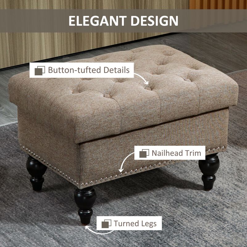 Brown Versatile Ottoman: 25" Button-Tufted Storage Bench with Wood Legs