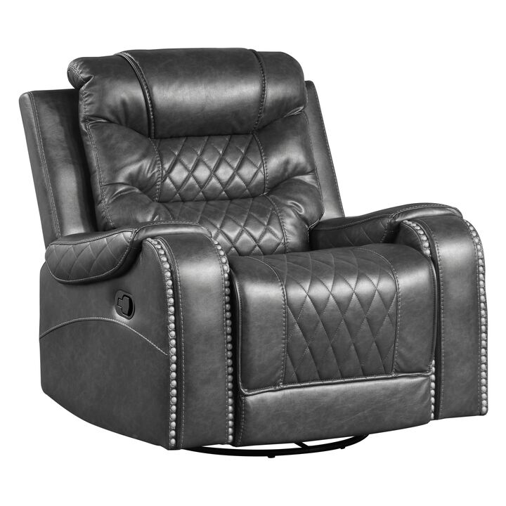Paul 38 Inch Manual Swivel Glider Recliner Chair, Gray Faux Leather - Benzara