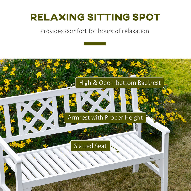 Outsunny 4FT Wooden Outdoor Garden Bench for 2, Portable Folding Loveseat 2-Seater Chair with Backrest, Armrests and Slat Seat, White