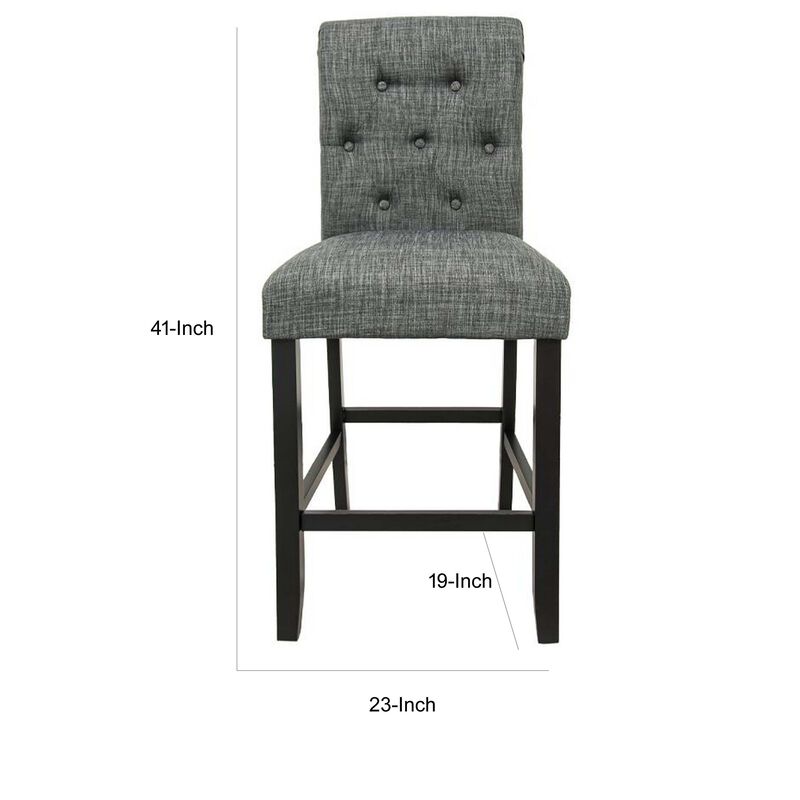 Jie 24 Inch Counter Height Dining Chair, Tufted Gray Upholstery, Black Wood - Benzara
