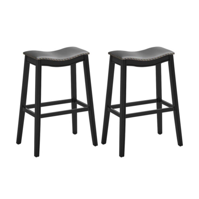 Set of 2 Backless Wood Nailhead Barstools with PVC Leather Seat