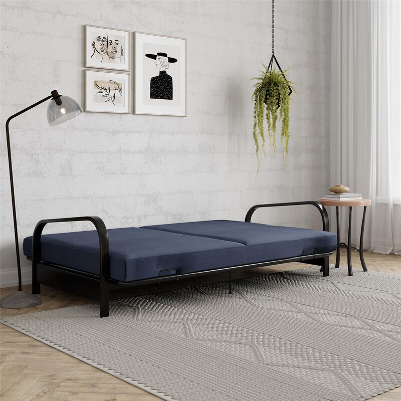 Karli Black Metal Arm Futon Frame with 6" Blue Mattress and extra Black Slipcover