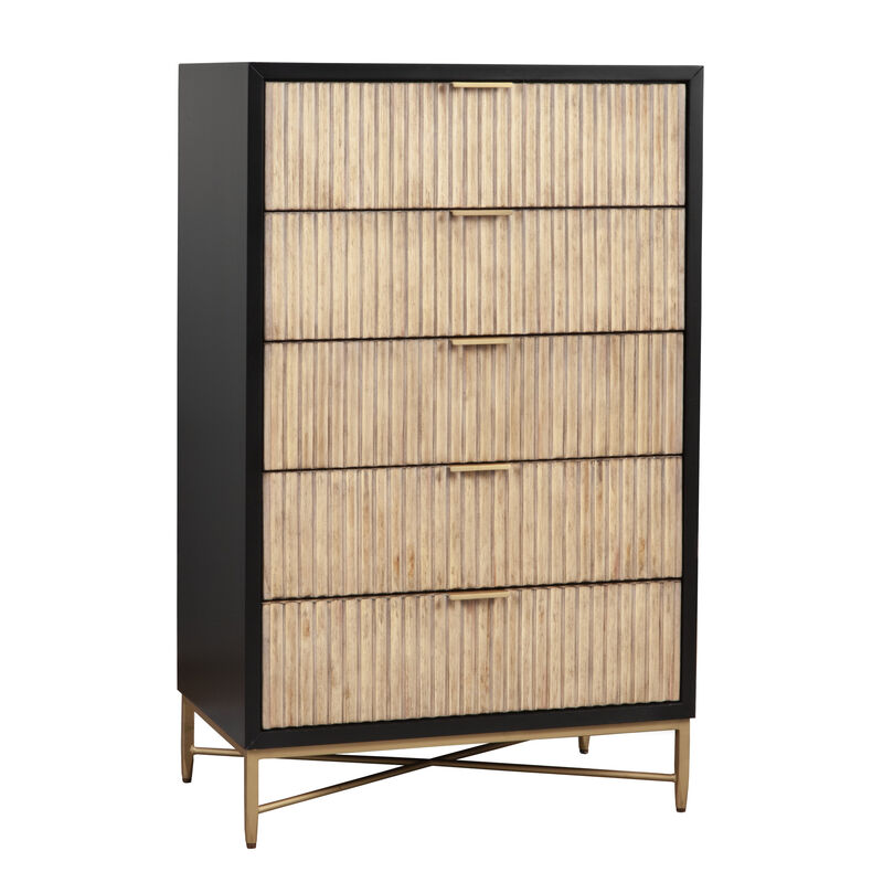 Chest with 5 Corrugated Drawers and Metal Base, Black - Benzara