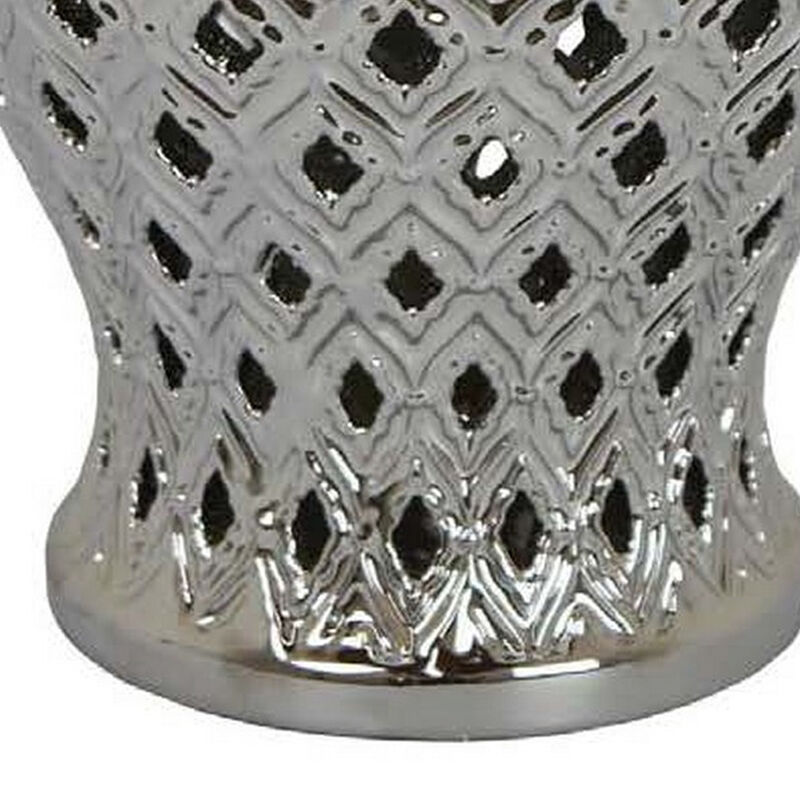 Deni 18 Inch Temple Jar, Pierced, Carved Lattice Design, Lid, Silver - Benzara