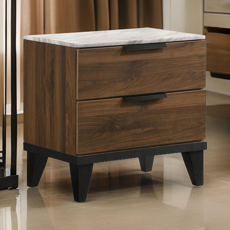 Yuzo 23 Inch Nightstand, USB Port, White Faux Marble, Walnut Brown  - Benzara