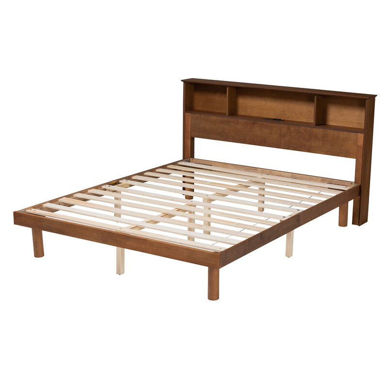 Baxton Studio Lochlan Mid-Century Modern Transitional Walnut Brown Finished Wood Queen Size Platform Bed with Charging Station