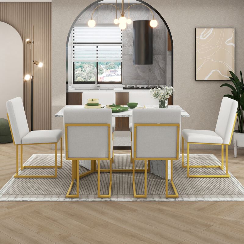 7Piece Modern Dining Table Set, Artificial Marble Sticker Tabletop and 6 Upholstered Linen Chair All with Golden Steel Legs for Dining Room and Kitchen (White + Gold)
