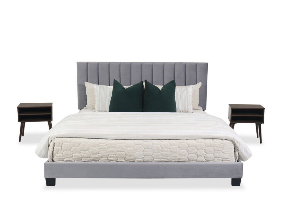 Coyote Gray Upholstered Bed w/ 2 Nightstands