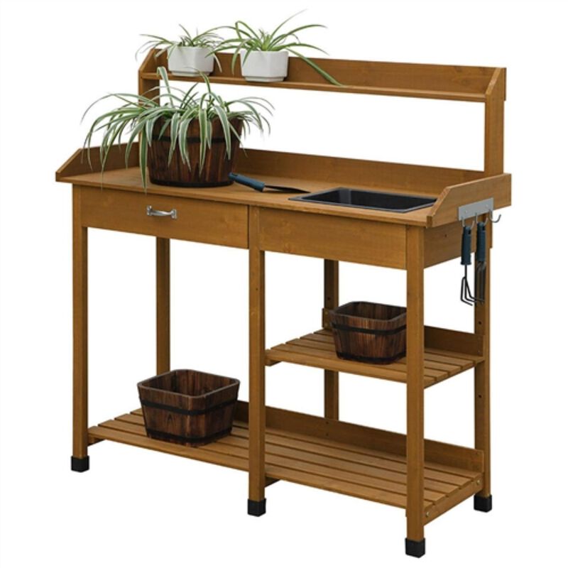 QuikFurn Modern Garden Potting Bench Table with Sink Storage Shelves & Drawer