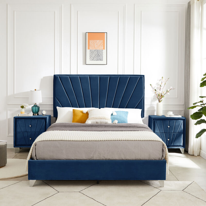 Queen bed with one nightstand, Beautiful line stripe cushion headboard, strong wooden slats + metal legs with Electroplate