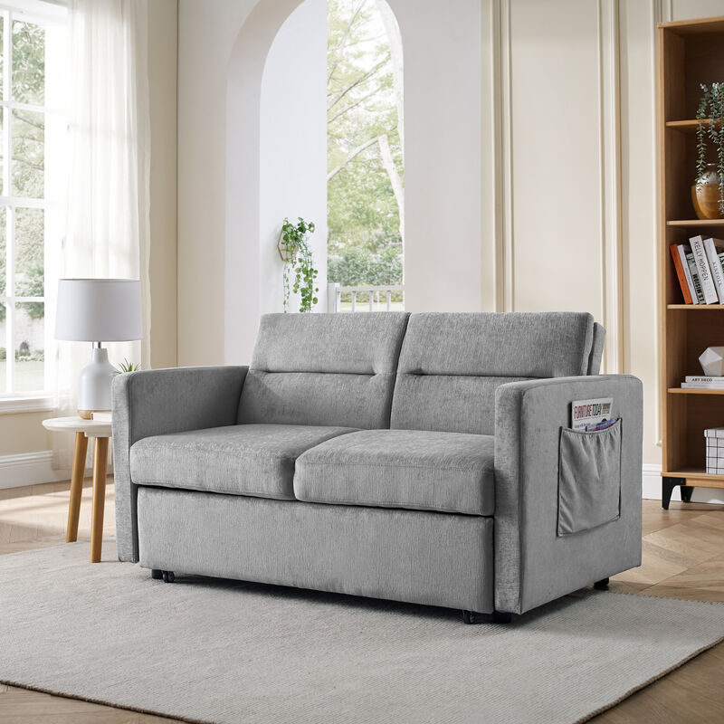 Loveseats Sofa Bed with Pull-out Bed, Adjustable Back and Two Arm Pocket, Grey