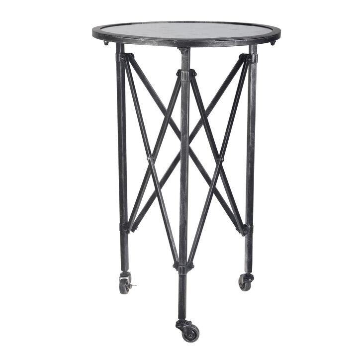 27 Inch Side Table, Round Metal Body, Glass Tabletop, 3 Wheels, Silver - Benzara