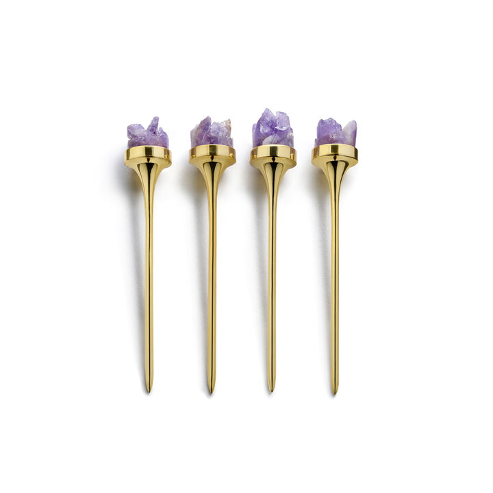 Hospitality Cocktail Picks, Amethyst Druze & Gold, Set of 4