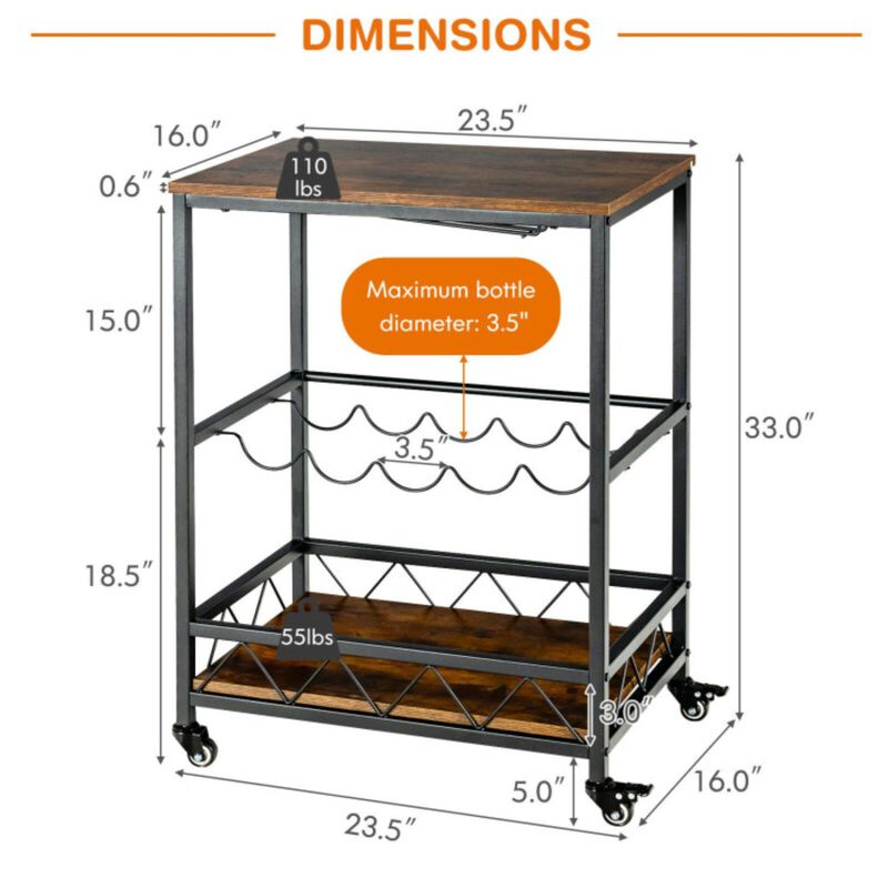 Hivvago Kitchen Bar Cart Serving Trolley on Wheels with Wine Rack Glass Holder-Rustic Brown