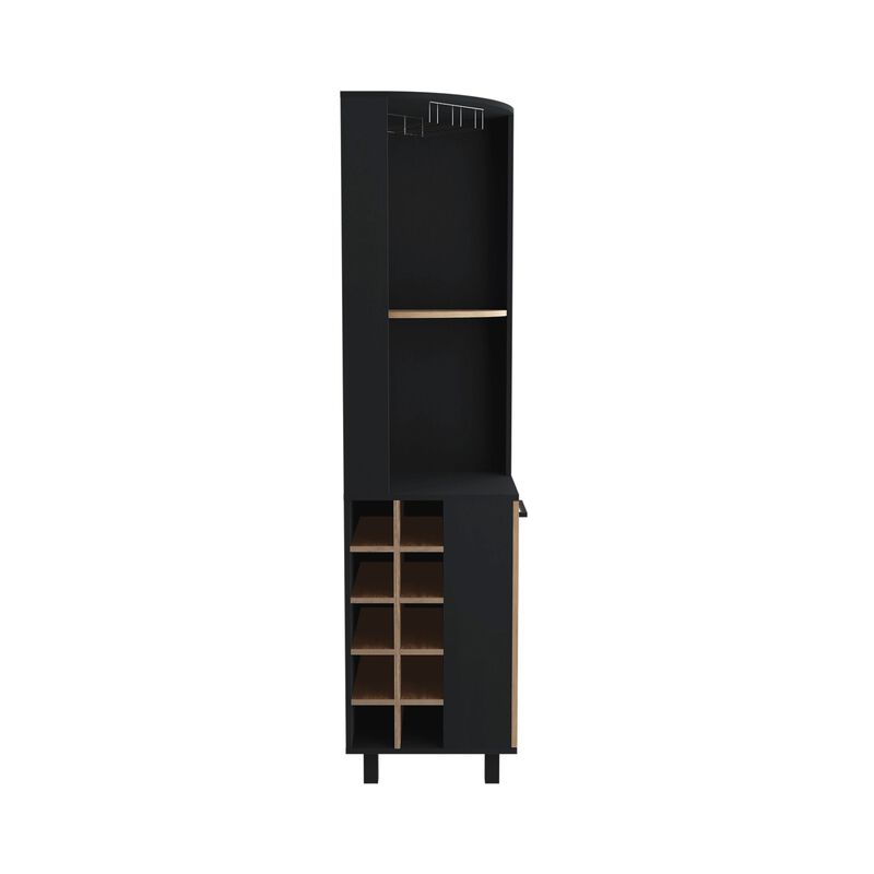 Kaia Corner Bar Cabinet, Two Shelves, Ten Built-in Wine Rack, Single Door Cabinet, Two interior  Shelves, -Black / Pine