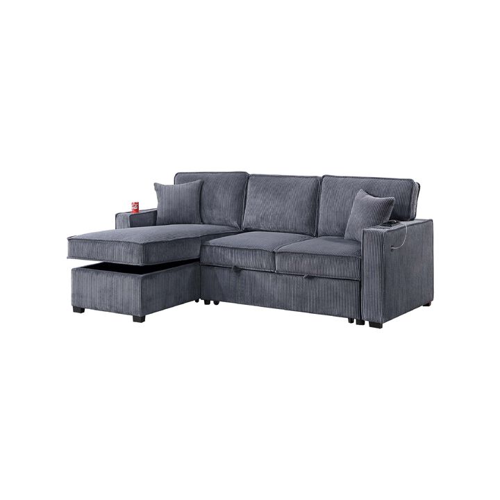 Foi Convertible Sectional Sofa with Reversible Chaise, Gray Corduroy - Benzara