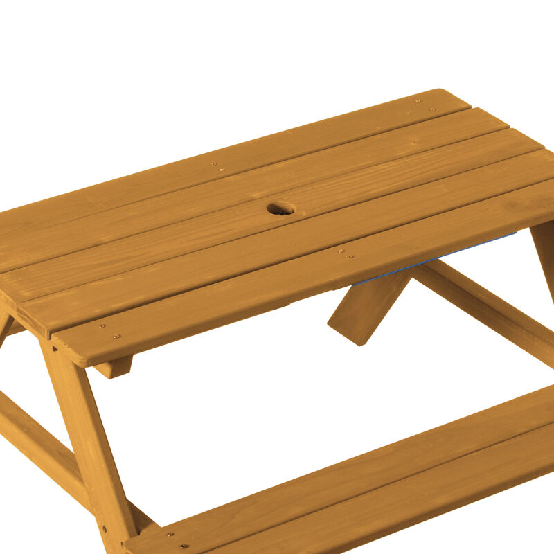 Convertible Wooden Sand and Water Table for your Toddlers Outdoor Playset Featuring 2 Play Box and a Removable Top that Transforms into Kids Picnic Table - Teak Stained