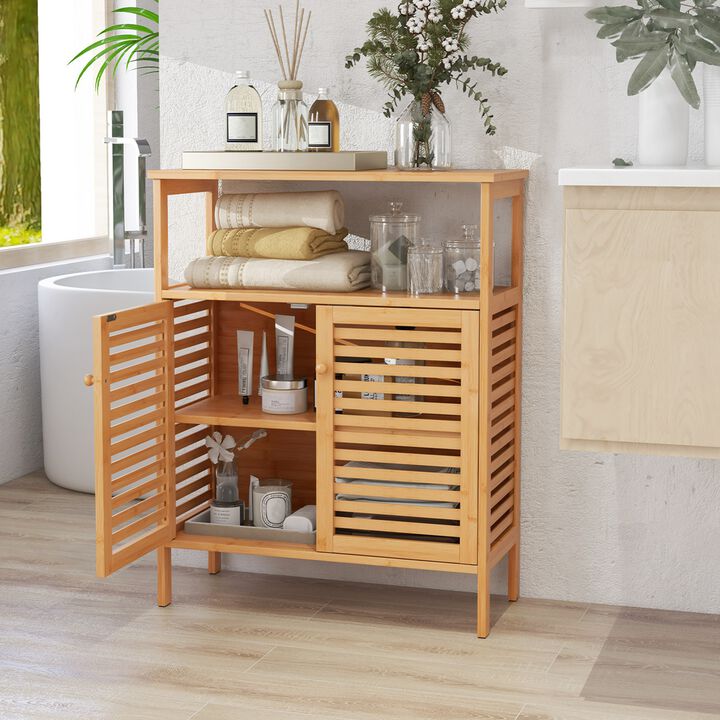 Costway Bamboo Storage Cabinet with Double Louvered Doors Open Shelf & Removable Shelf