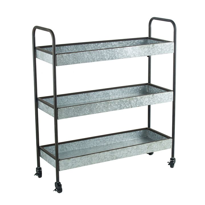 40 Inch Metal Rolling Cart, 3 Tier Shelves, Caster Wheels, Galvanized Gray - Benzara