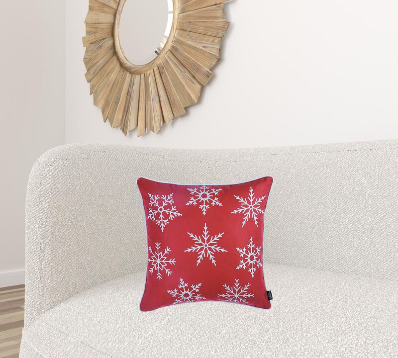 Homezia Set Of Four 18" X 18" Red Zippered Polyester Christmas Snowflakes Throw Pillow