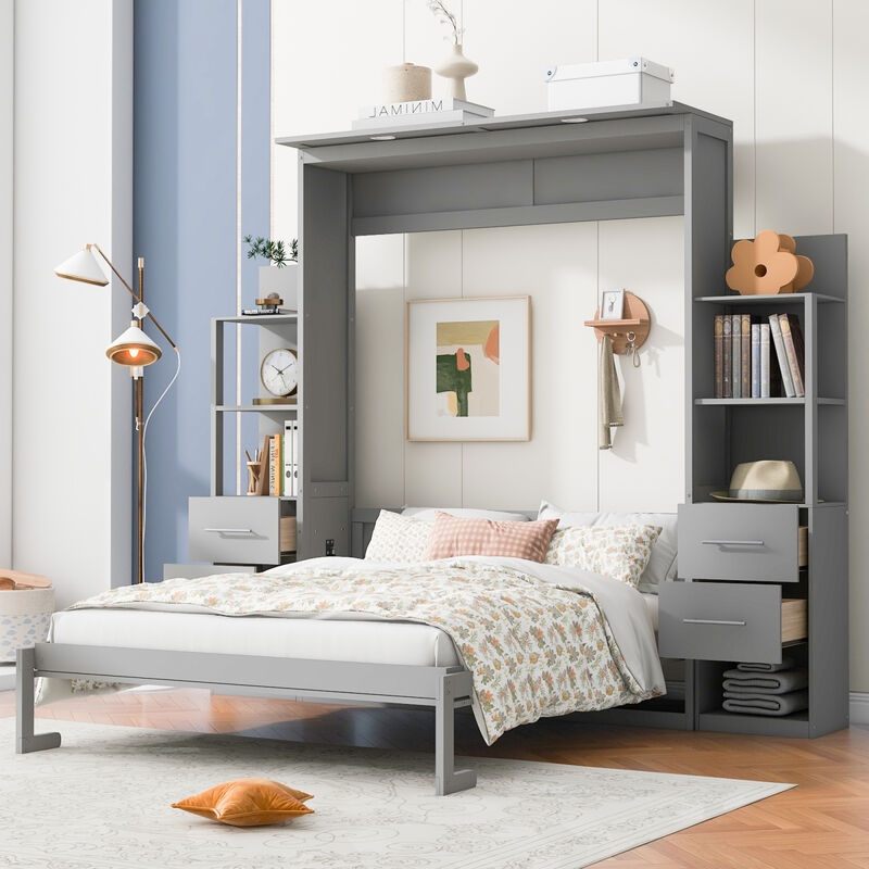 Queen Size Murphy Bed Wall Bed with Shelves, Drawers and LED Lights, Gray
