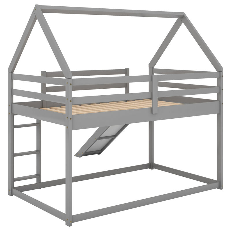 Twin Size Bunk House Bed with Slide and Ladder