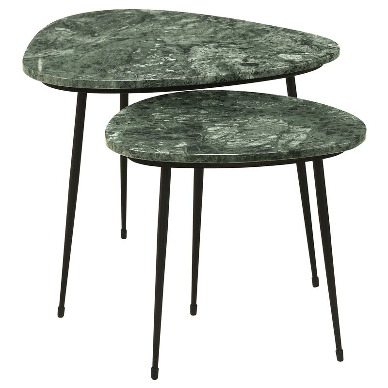 2 Piece Nesting Accent Table Set, Triangular Marble Top, Green, Black - Benzara