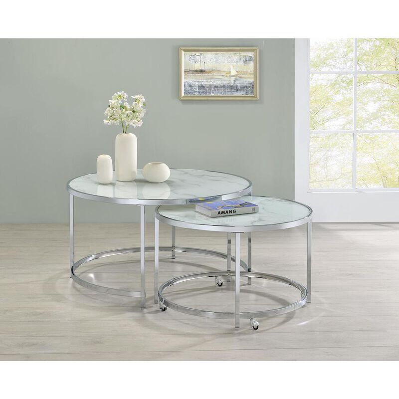 Lynn 2-piece Round Nesting Table White and Chrome