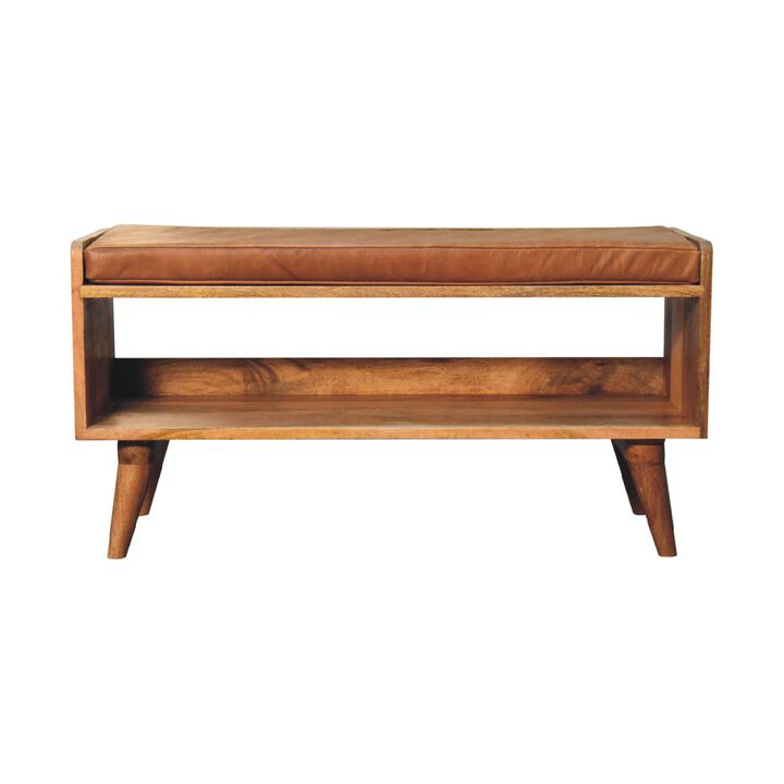 Artisan Furniture  Solid WoodOak-ish Bench with Tan Leather Seat-pad