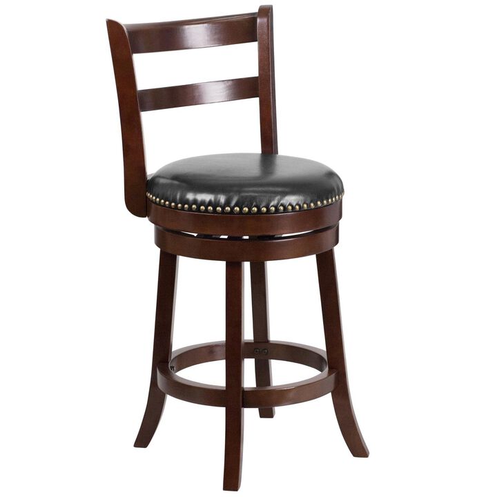 Flash Furniture Ronnie 26'' High Cappuccino Wood Counter Height Stool with Single Slat Ladder Back and Black LeatherSoft Swivel Seat